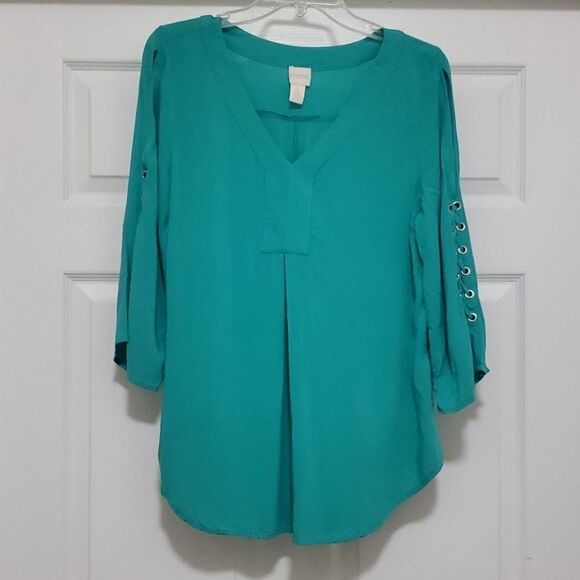 Chico's green viscose blouse with lace up sleeve - Picture 1 of 13